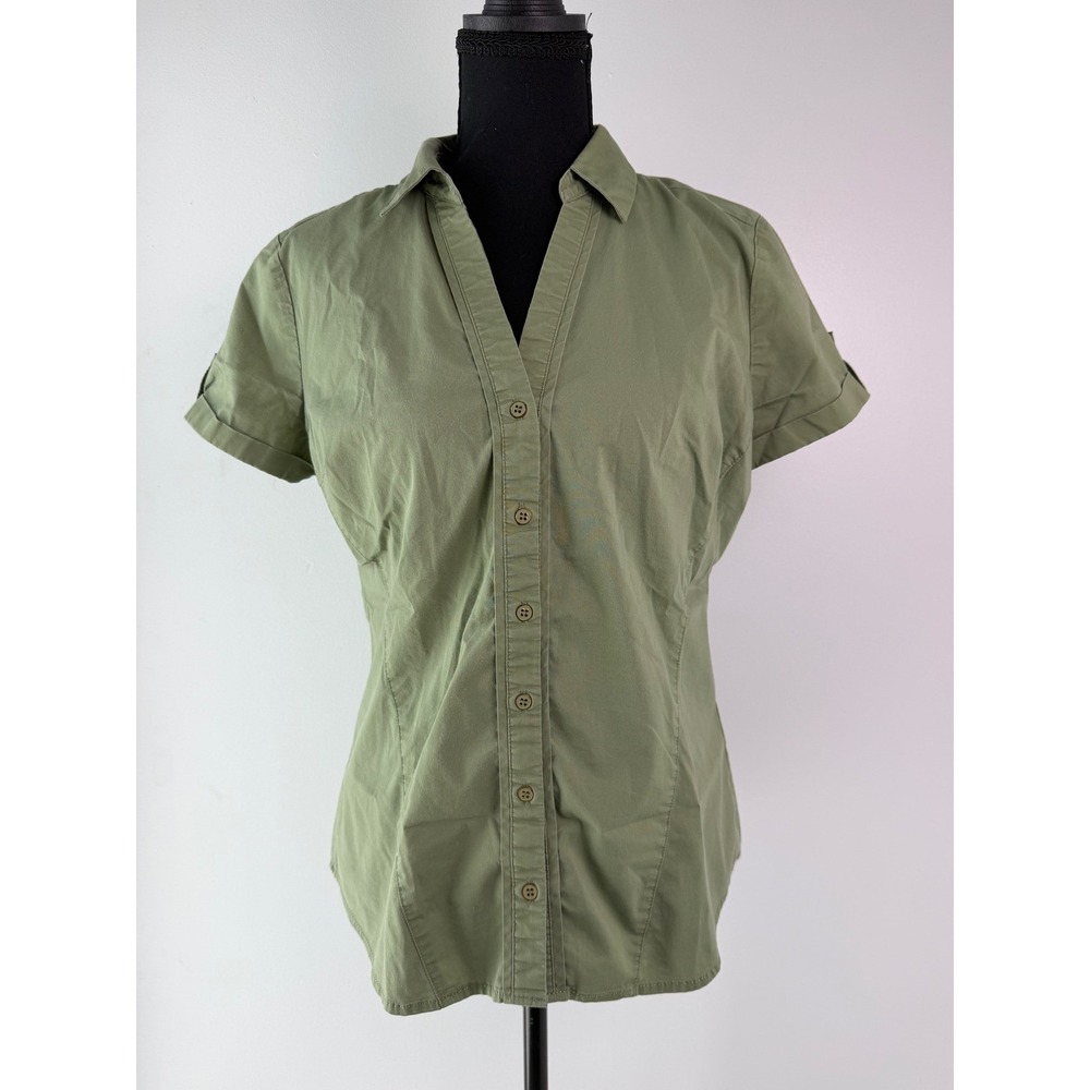 Y2K 7th Avenue New York & Company Olive Green Short Sleeve Button Down Shirt S
